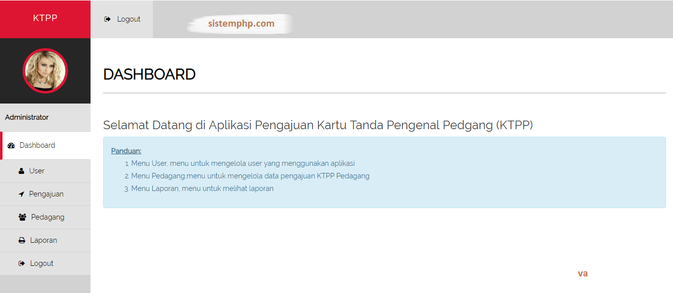 Dashboard aplikasi pendaftaran kartu anggota